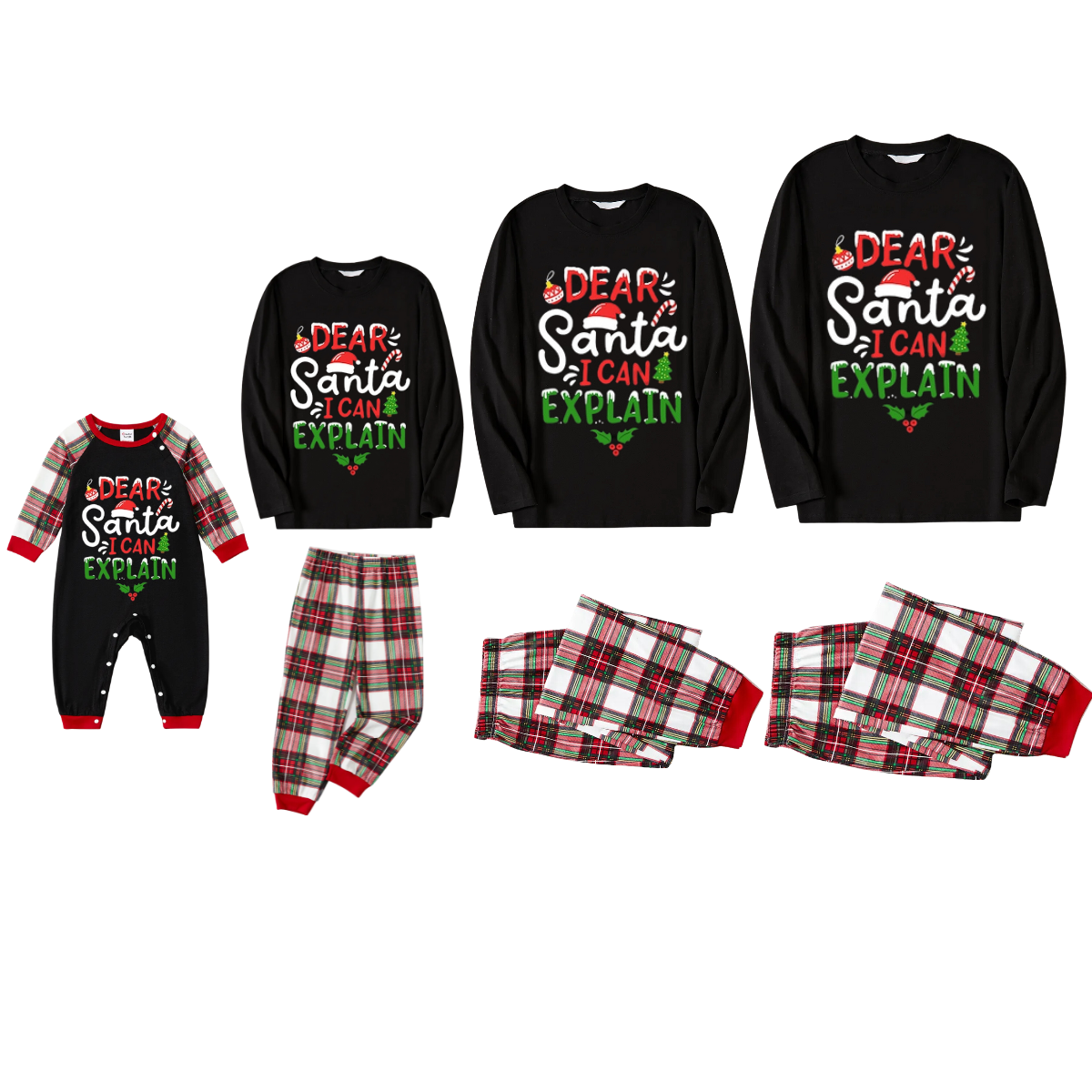 "Dear Santa I can Explain" Slogan Printed Red & White & Green Plaid Family Matching Pajamas