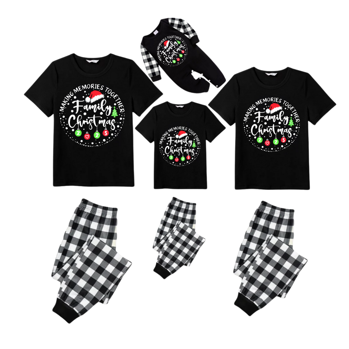 Making Memories Together Family Christmas 2025 Pajamas Set - Black Top Black and White Plaid Pants White Text Graphic