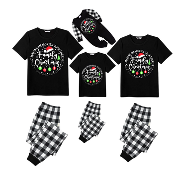 Making Memories Together Family Christmas 2025 Pajamas Set - Black Top Black and White Plaid Pants White Text Graphic