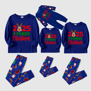 2025 Family Matching Christmas Pajamas -Navy Blue Top & Santa Print Pants