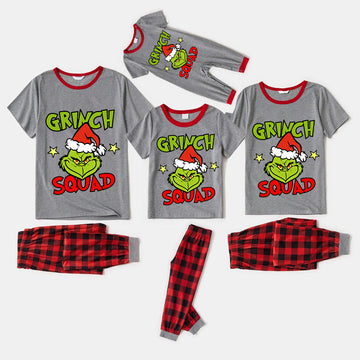 Christmas Cartoon and Christmas Squad Letter Print Family Matching Raglan Short-sleeve Top Long Pants Pajamas Sets