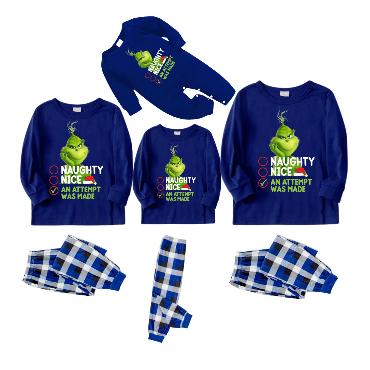 Cute Cartoon Pattern and Slogan Printed  Blue and White Plaid Family Matching Pajamas