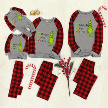 Christmas "Naughty&Nice& I Tried" Letter Print Patterned Casual Long Sleeve Sweatshirts Grey Contrast Top and Black & Red Plaid Pants Family Matching Pajamas Set With Pet Bandana