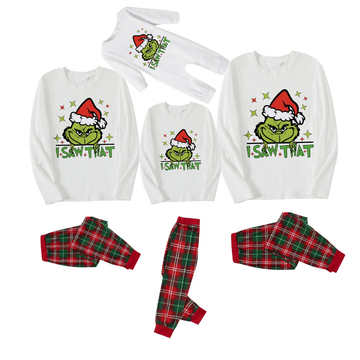 Cartoon Pattern and "I Saw that" Text Printed Red & Green Plaid Family Matching Pajamas