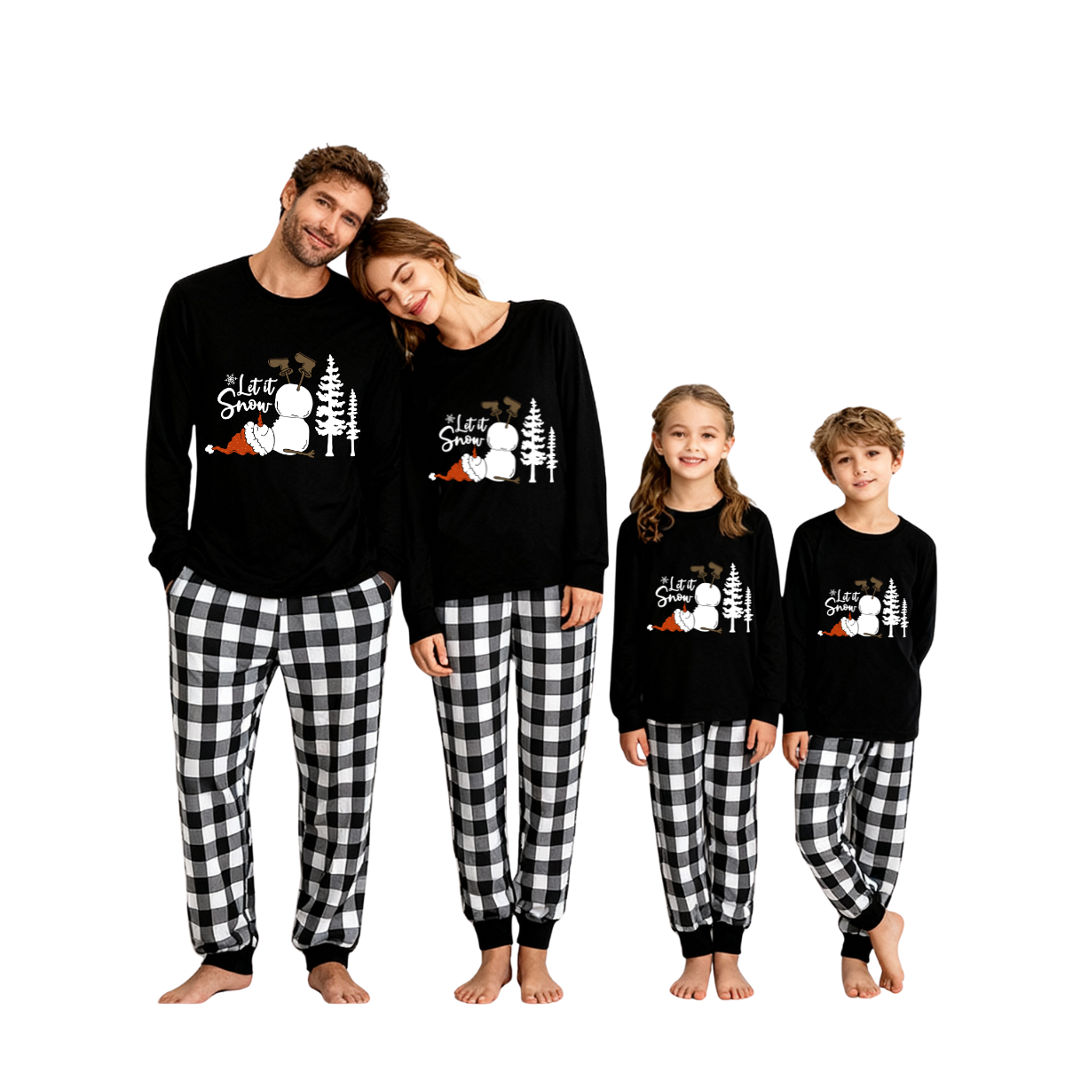 "Let it Snow" Text and Snowman Prints Black and White Plaid Family Matching Pajamas