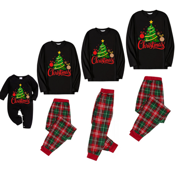 Christmas Tree Printed 2024 Black Long Sleeve Top and Red & Green Plaid Pants Family Matching Pajamas