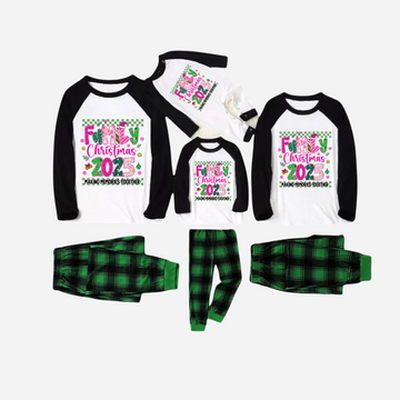 "Family Christmas 2025" Faux Glitter Matching Pajamas Set - Black and White Top with Green Plaid Pants