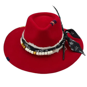 Bold Red Hat w/ Woven & Beaded Trim