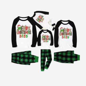 Merry Christmas 2025 Family Christmas Pajamas Set - Black and White Top with Green Plaid Pants
