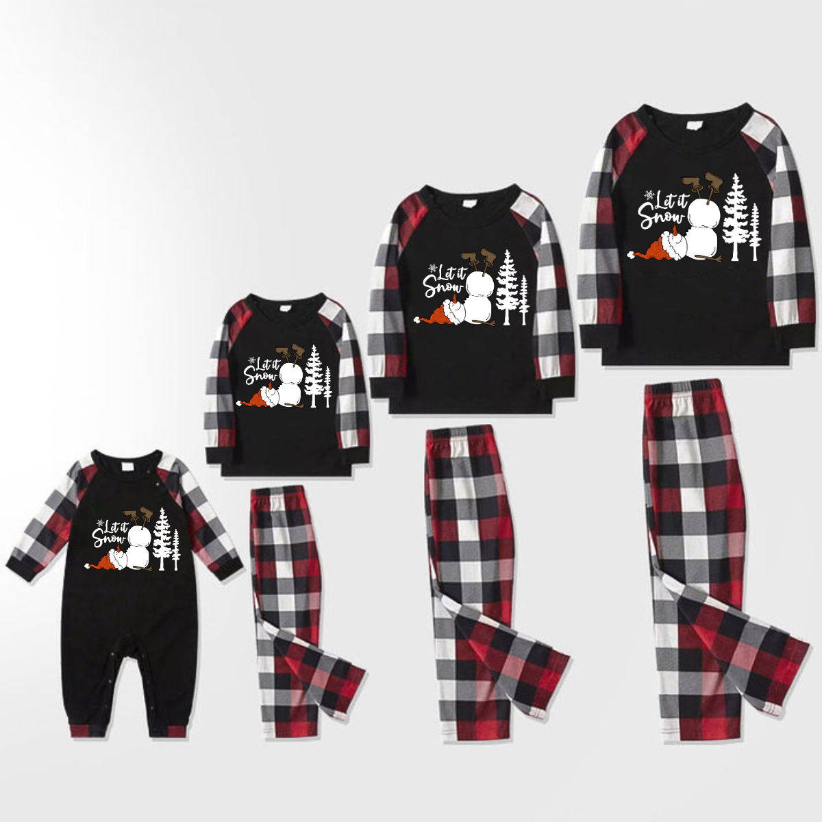 Let it snow letter and snowman Pattern Contrast Top with Red&Black&White Plaid Sleeves Family Matching Pajamas