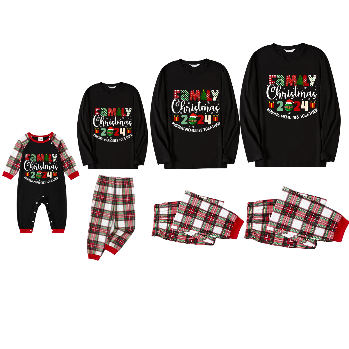 "Family Christmas 2024 Making Memories Together" Pattern Ⅰ- Black Top with Red & White & Green Plaid Pants Family Matching Pajamas