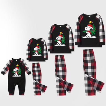 Snoopy Dog Printed Black and Red Plaid Christmas Family Pajama Set