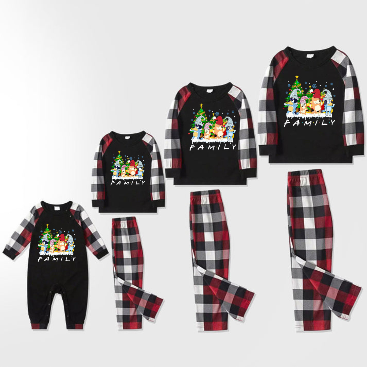 Bluey Character "Family" Design Black&White&Red Plaid Pants Family Matching Pajama Set