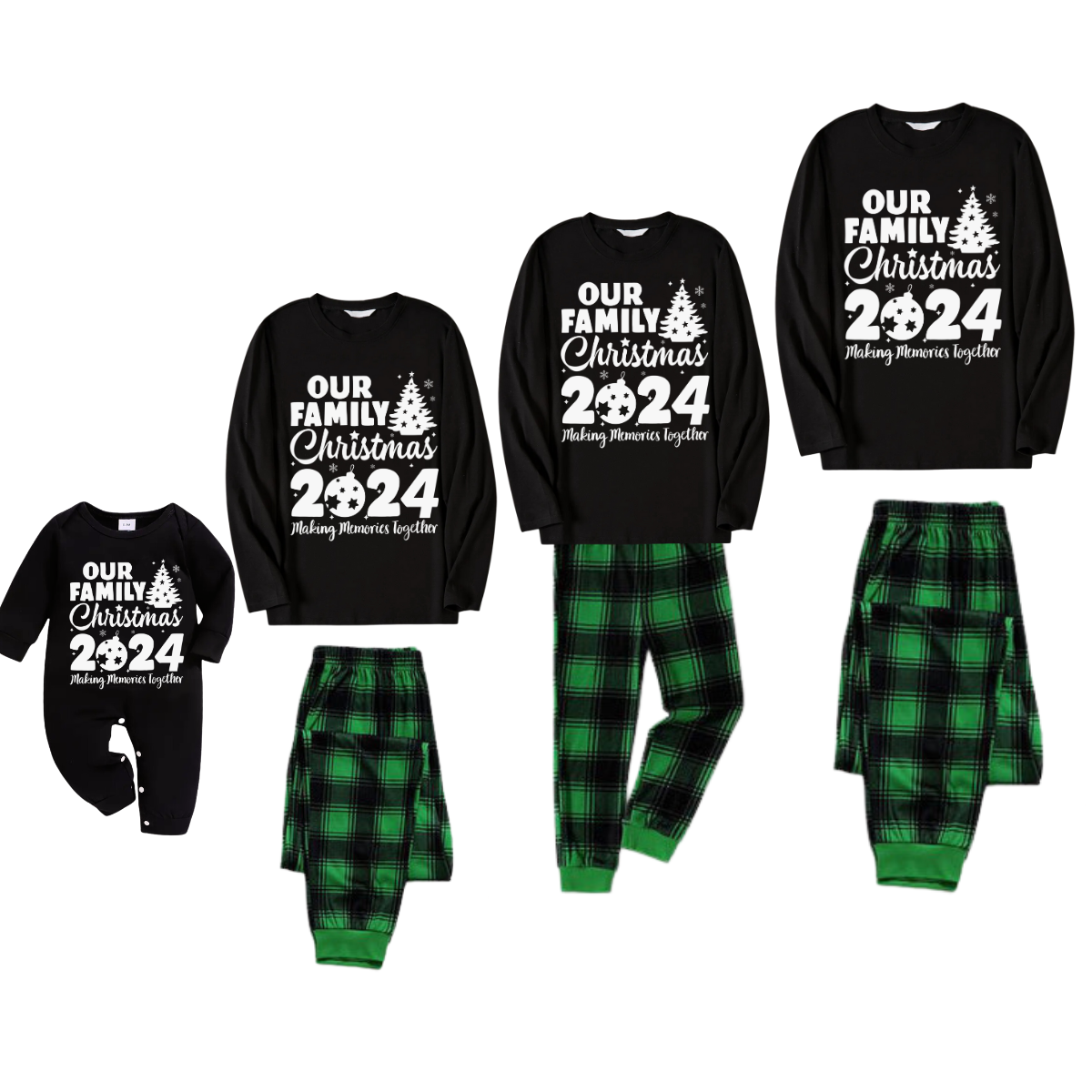 Christmas Tree & "Making Memories Together" 2024 Patterned Black Long Sleeve Top with Green and Black Plaid Family Matching Pajamas