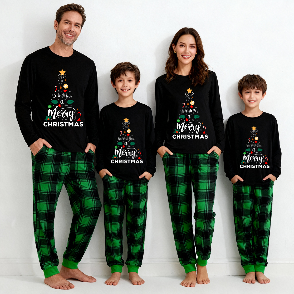 "We Wish You a Merry Christmas" Printed Pattern Black Long Sleeve Top with Black & Green Plaid Pants Family Matching Pajamas