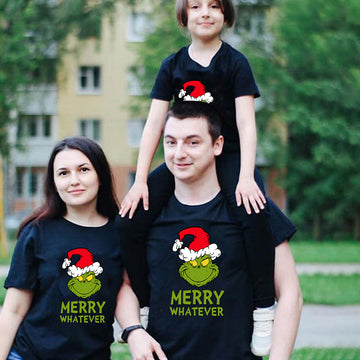 Family Christmas Matching Pajamas Tops 'Merry Whatever' Letter Print Casual Black Color Short Sleeve T-shirts  And Dog Bandana