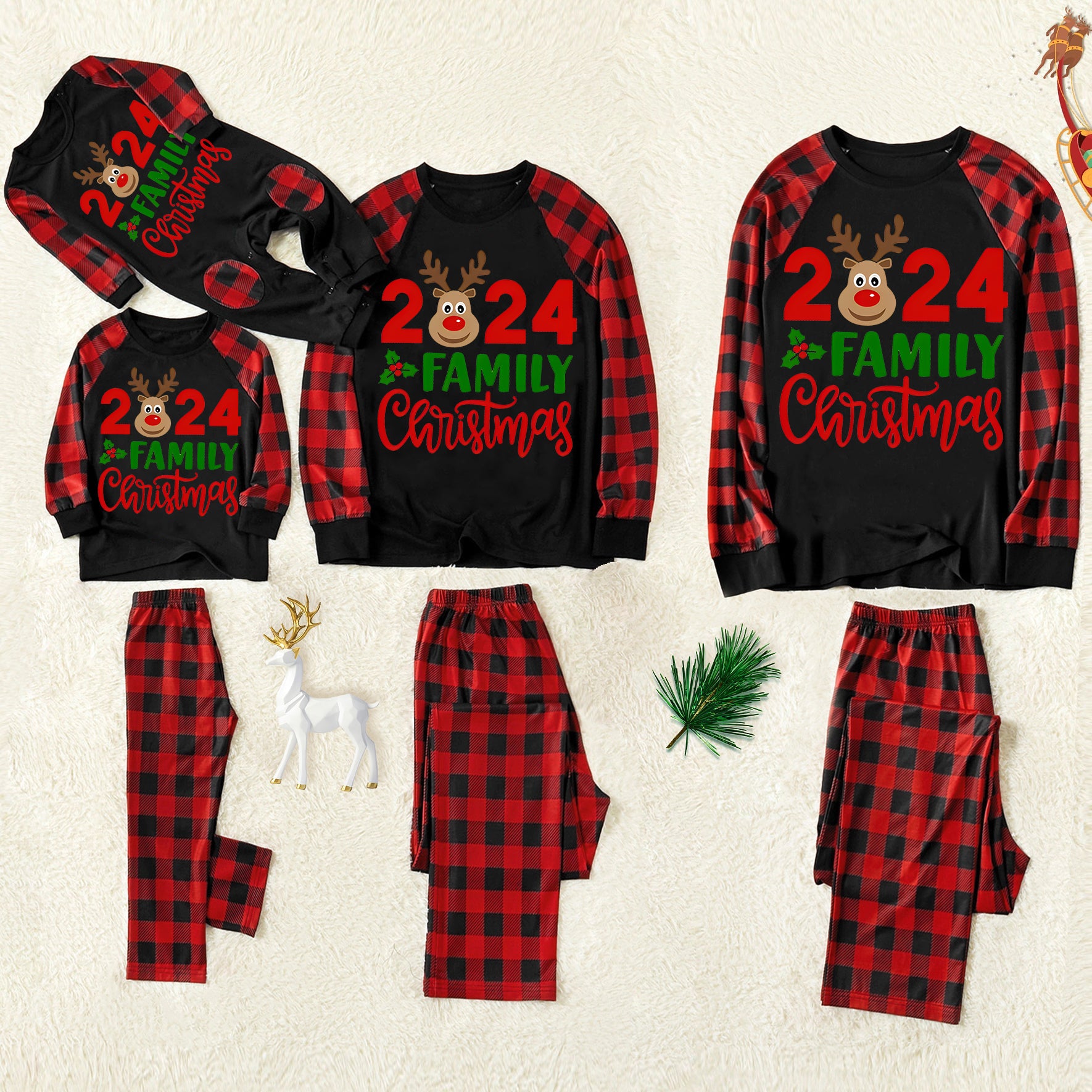 "2024 Family Christmas" Moose Letter Prints Black & Red Plaid Family Matching Black Pajamas