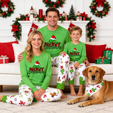 Holiday Family Matching Pajamas - Grinch Peeking Merry Christmas Plaid Graphic PJs