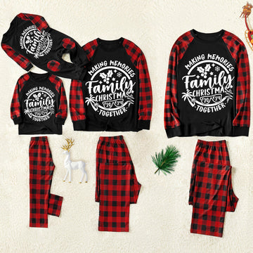 Christmas Make Memories Together 2024 Print Black & Red Plaid Family Matching Black Pajamas With Dog bandana