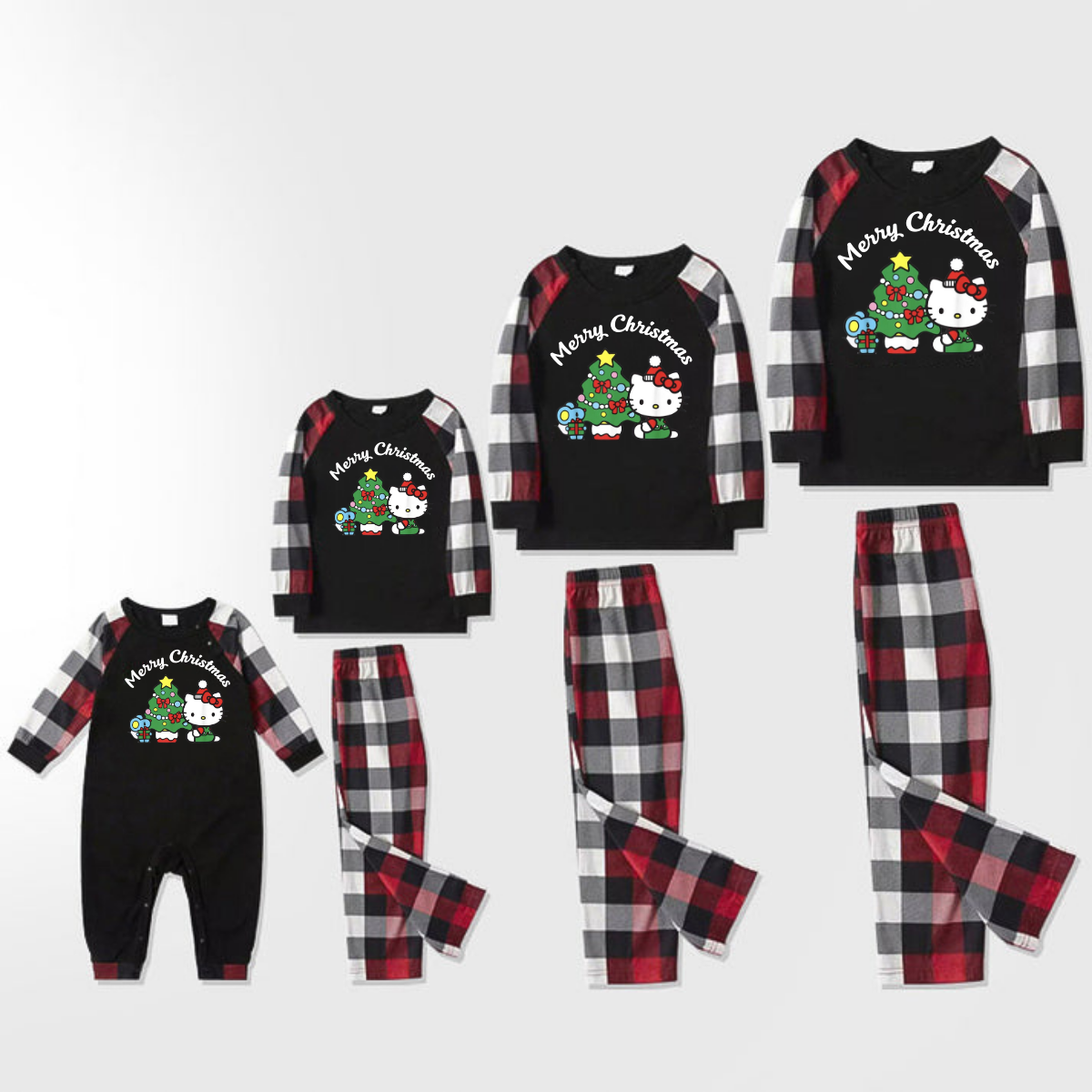 Hellokitty with Merry Christmas Letter and Tree Printed Black and Red Plaid Family Pajama Set