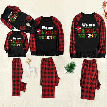 Christmas We are Family 2024 Letter Print Black & Red Plaid Family Matching Black Pajamas With Dog