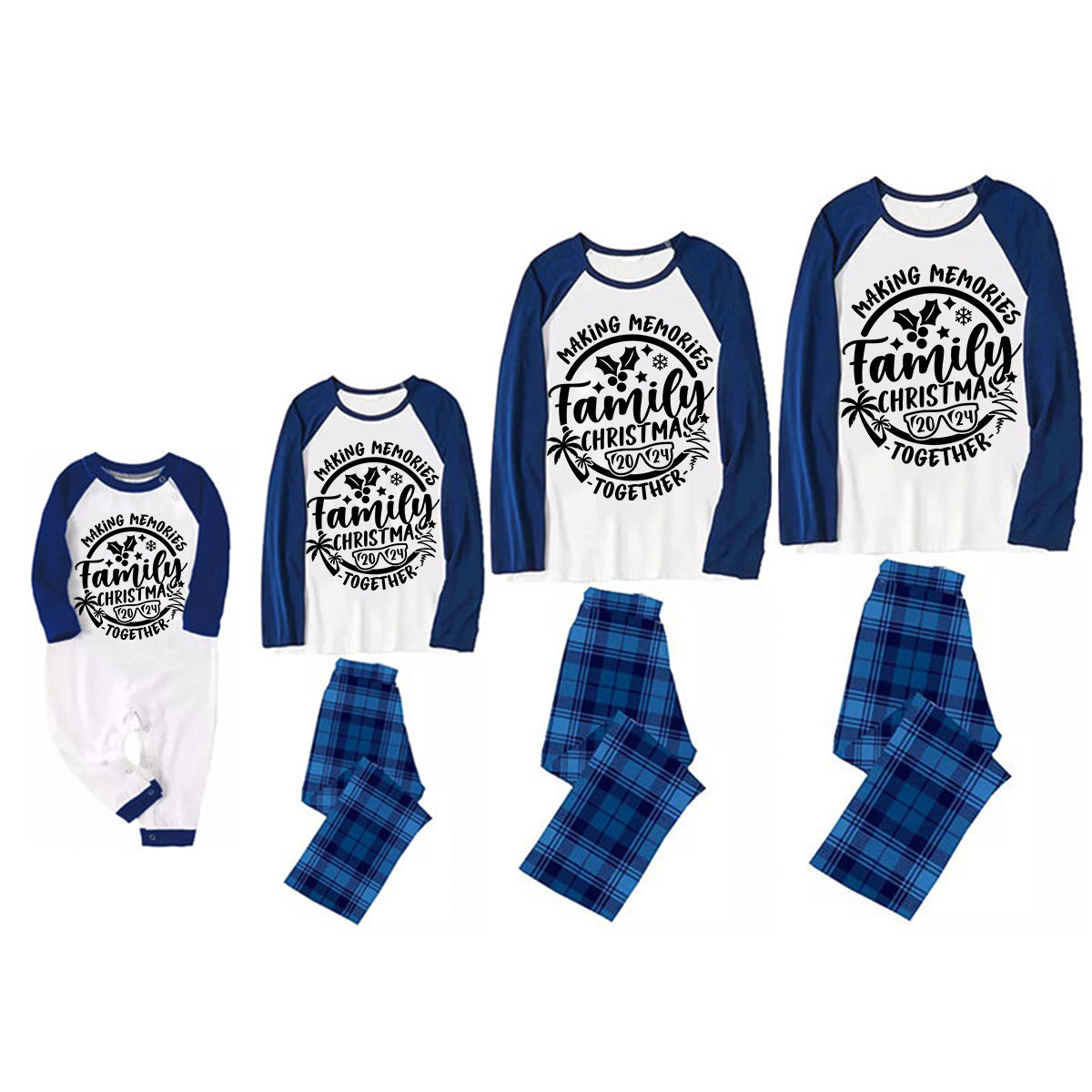 Christmas Make Memories Together 2024 Print Blue & Black Plaid Family Matching White Pajamas With Dog