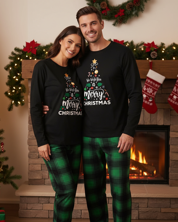 "We Wish You a Merry Christmas" Printed Pattern Black Long Sleeve Top with Black & Green Plaid Pants Couple Matching Pajamas