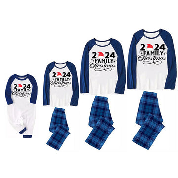 "2024 Family Christmas" Letter Print Blue & Black Plaid Family Matching White Pajamas With Dog