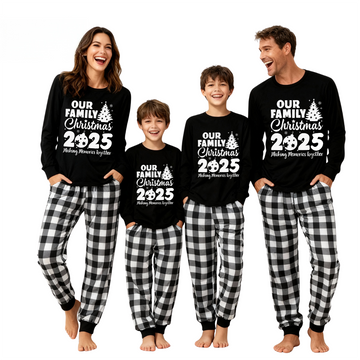 'Our Family Chirstmas 2025 Making Memories Together' Letter Print Black Long Sleeve Top with Black And White Plaid Pants Family Matching Pajamas