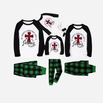 My Favorite Christmas Light Is Jesus Family Christmas Pajamas Set - Black and White Top with Green Plaid Pants