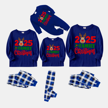"Family Christmas 2025" Text and Deer Printed Blue and White Plaid Family Matching Pajamas
