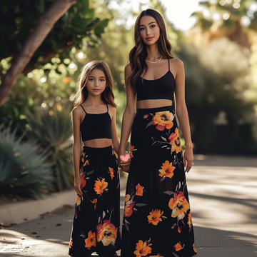 Mother and Daughter Black Floral Print Two-Piece Dresses Set