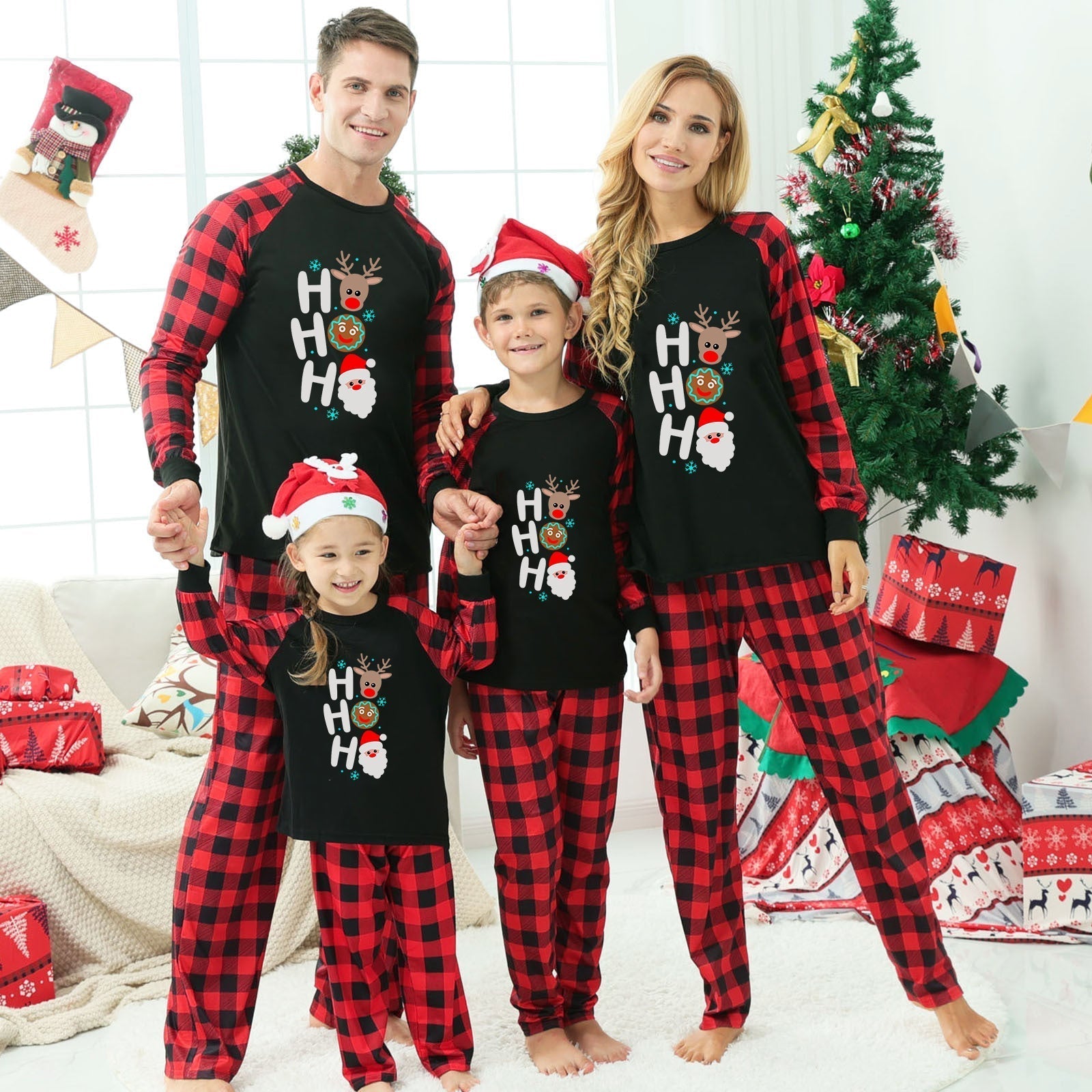 Christmas ”Ho Ho Ho“ Letter Print Santa Claus & Gingerbread & Elk Patterned Contrast Black top and Black & Red Plaid Pants Family Matching Pajamas Set With Dog Bandana