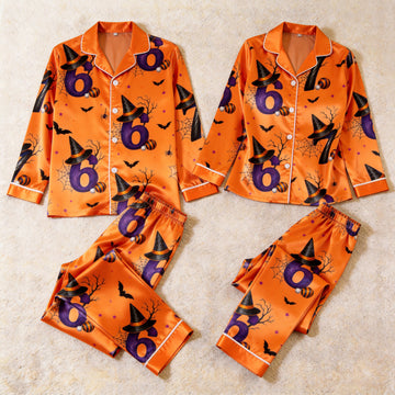 Halloween Number 67 Witch Hat Satin Matching Pajamas for Couples – Long Sleeve Button-Down Top & Pants Sleepwear Set