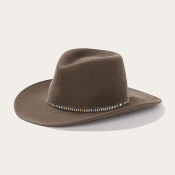 Classic Wide-Brim Fedora Hat with Elegant Brown Finish and Unique Black-Blue Band