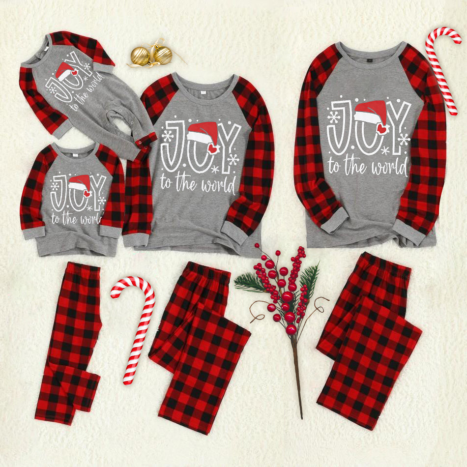 Christmas "Joy to The World" Letter Print Christmas Hat Patterned Grey Contrast top and Black & Red Plaid Pants Family Matching Pajamas Set With Dog Bandana