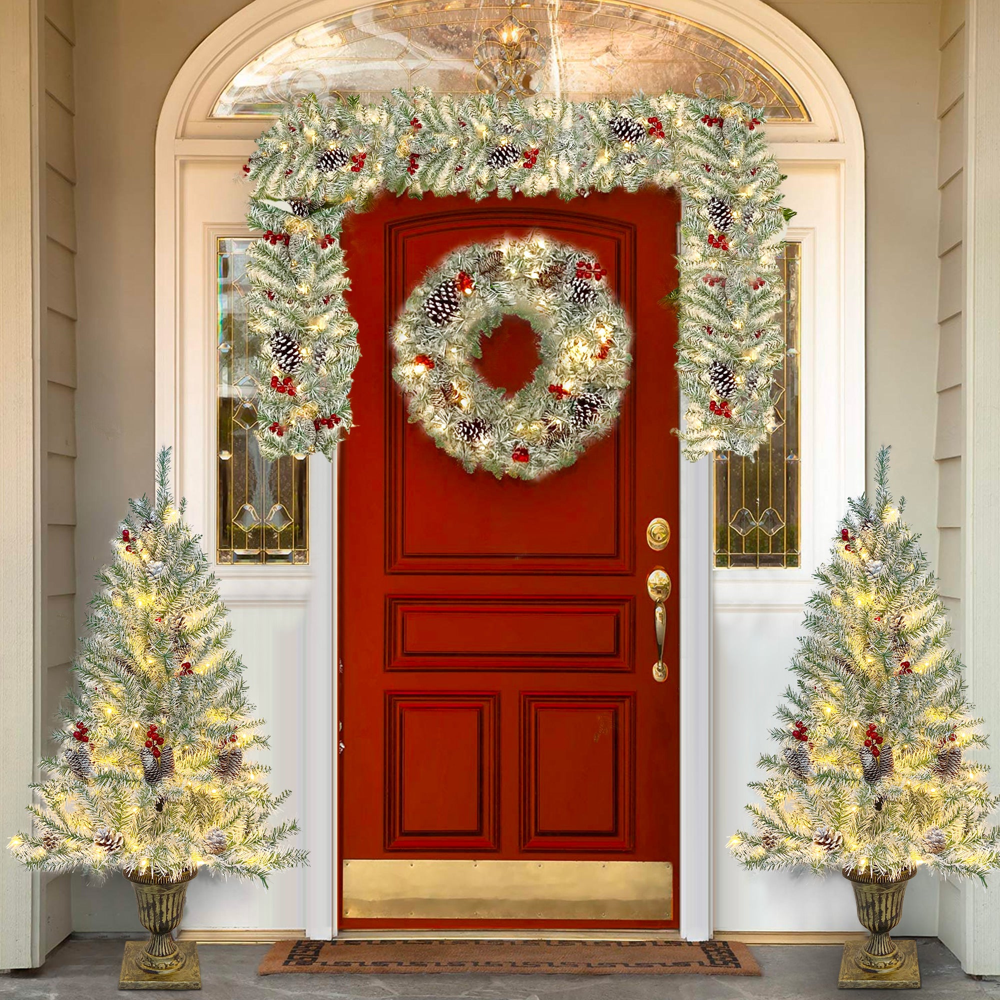 Pre-lit Christmas 4-Piece Set - Garland Wreath & 2 Entrance Trees with Warm LED Lights (Retro White)