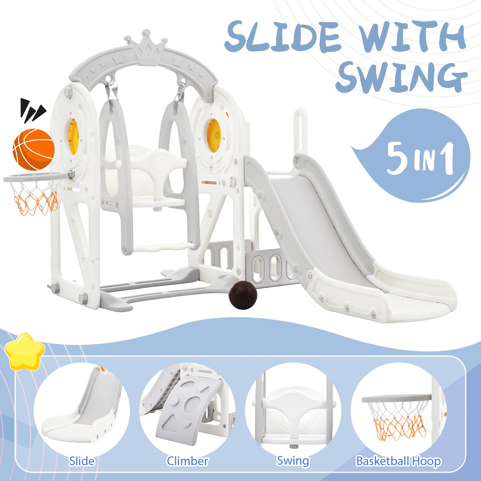 Toddler Slide and Swing Set 5 in 1, Kids Playground Climber Slide Playset with Basketball Hoop Freestanding Combination