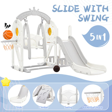 Toddler Slide and Swing Set 5 in 1, Kids Playground Climber Slide Playset with Basketball Hoop Freestanding Combination