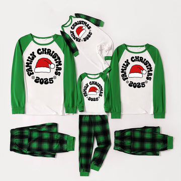 Family Christmas 2025 Text and Santa Hat Print Long Sleeve Top With Green & Black Plaid Christmas Matching Pajamas