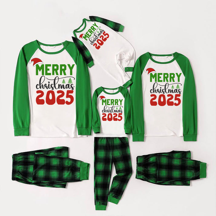 Merry Christmas 2025 Print Long Sleeve Top With Green & Black Plaid Christmas Matching Pajamas