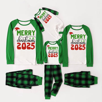 Merry Christmas 2025 Print Long Sleeve Top With Green & Black Plaid Christmas Matching Pajamas