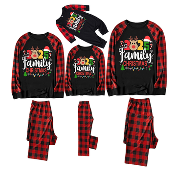 Cute Deer and "2025 Family Christmas" Text Print Black & Red Plaid Christmas Matching Pajamas