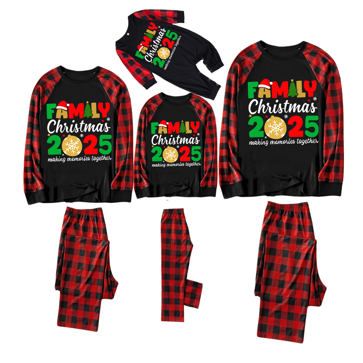 Cute "Family Christmas 2025" Text Print Black & Red Plaid Family Matching Pajamas