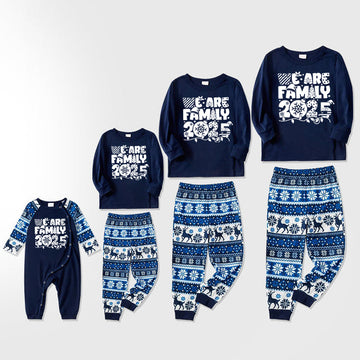 We Are Family 2025 Christmas Pajamas Set - Navy Top Blue and White Nordic Pattern Pants White Text Graphic