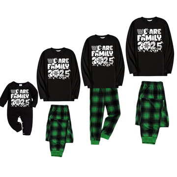 We Are Family 2025 Christmas Pajamas Set - Black Top Green and Black Plaid Pants White Text Graphic
