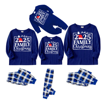 "2025 Family Christmas" Text and Reindeer Printed Blue and White Plaid Family Matching Pajamas