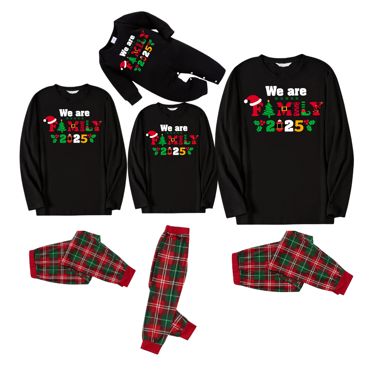 "We Are Family 2025" Coloful Text Pattern Black Long Sleeve Top