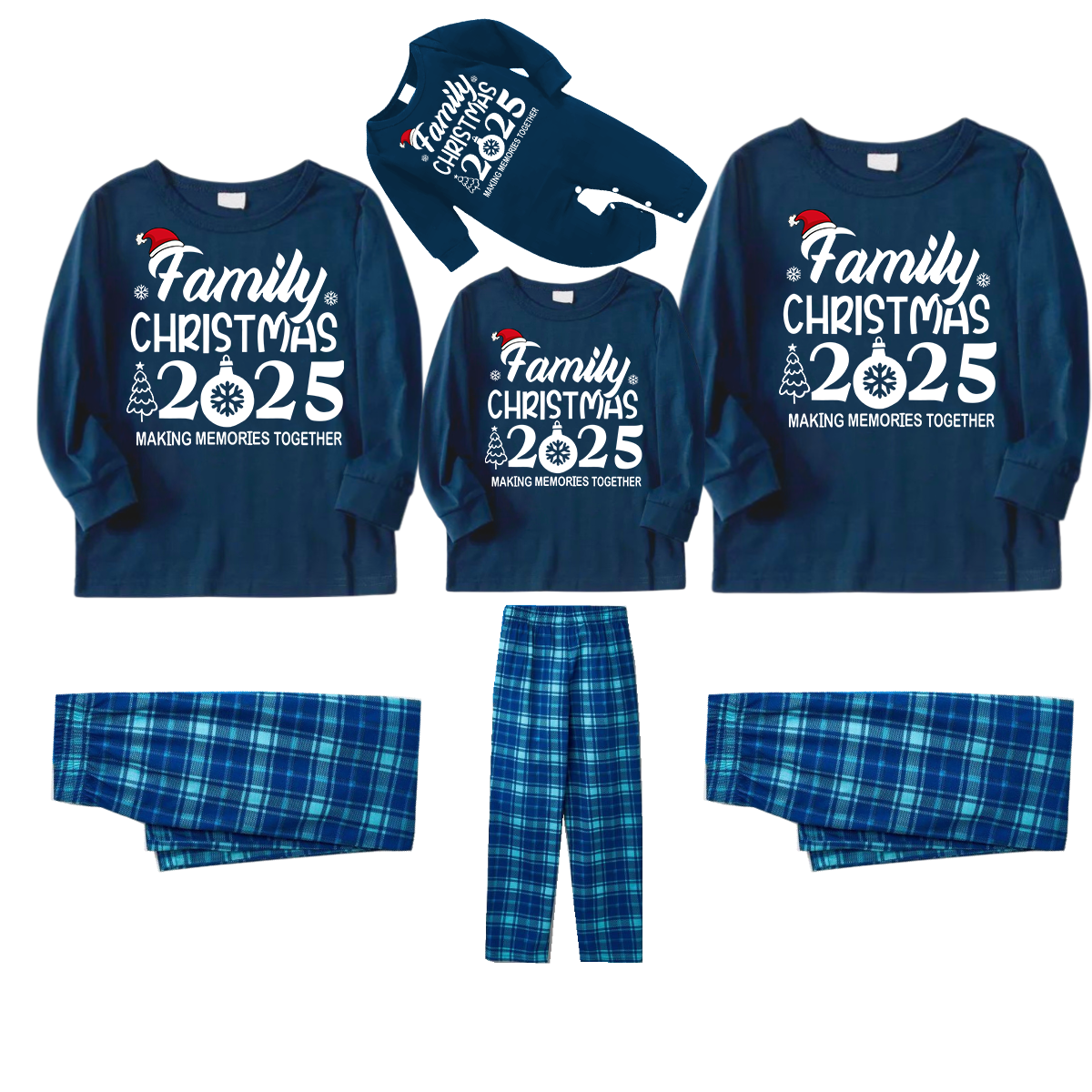 "Family Christmas 2025 " Text Print Blue Long Sleeve Top With Blue Plaid Family Matching Pajamas