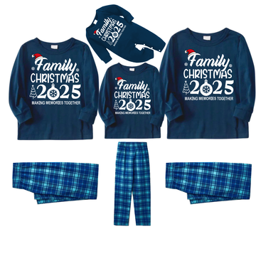 "Family Christmas 2025 " Text Print Blue Long Sleeve Top With Blue Plaid Family Matching Pajamas